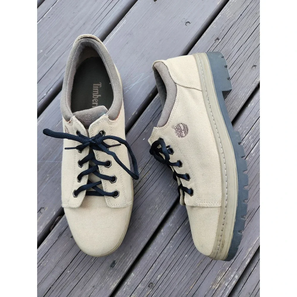 Vintage y2k‎ Timberland Canvas Oxford Shoes Tan Lug Sole Low Top 67024 Size 11M